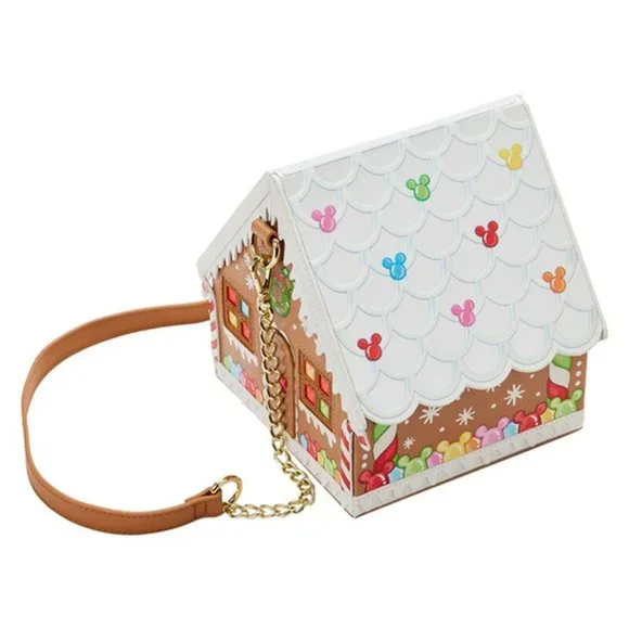 Loungefly Stitch Shoppe Minnie Mouse Gingerbread House Crossbody Bag & Pin NWT